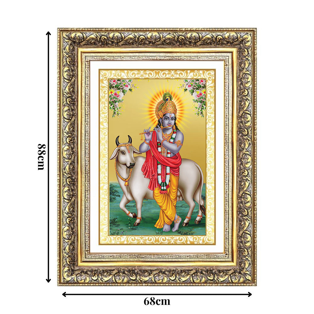 Diviniti 24K Gold Plated Krishna With Surbhi Cow (Classic) Divine Wall Frame for Home Mandir & Office Decor | Luxury Spiritual Gift