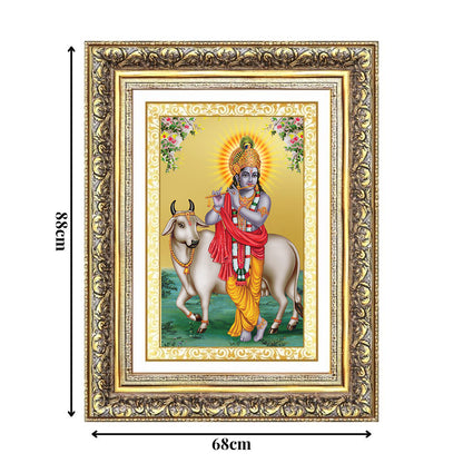 Diviniti 24K Gold Plated Krishna With Surbhi Cow (Classic) Divine Wall Frame for Home Mandir & Office Decor | Luxury Spiritual Gift