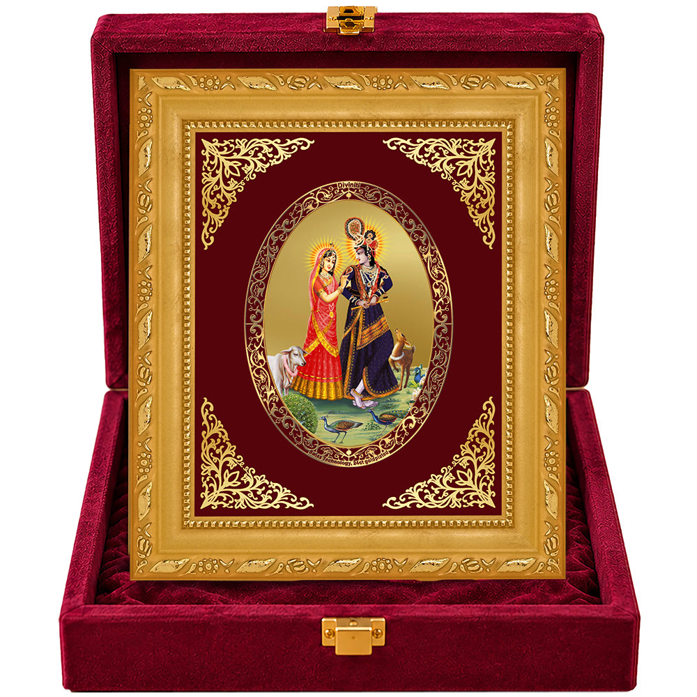 24K Gold-Plated Radha Krishna with Cow Frame | Premium Gift Box | 16x13.5 CM
