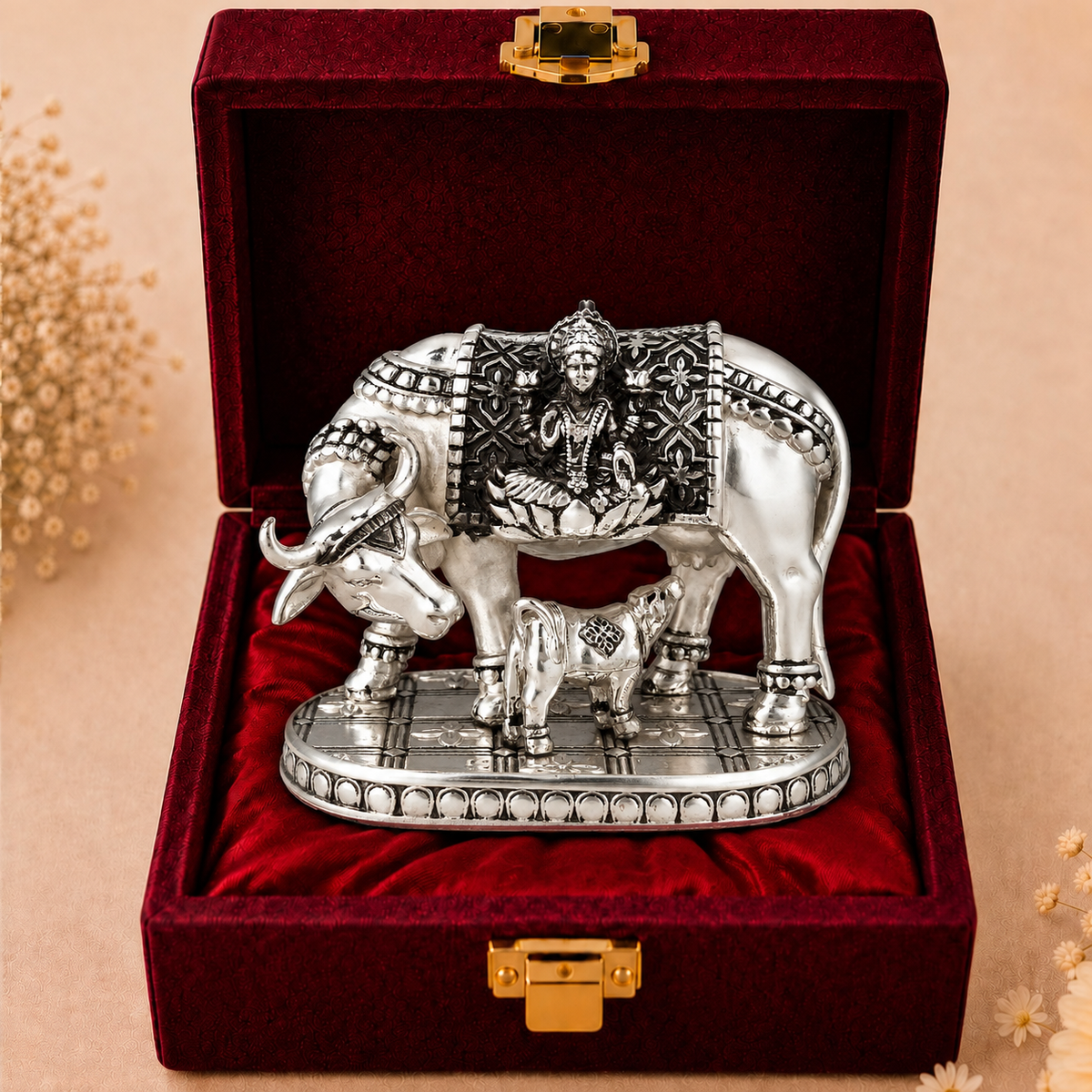 999 Silver-Plated Antique Kamdhenu Cow Idol | Premium Gift Box | 11x9 CM