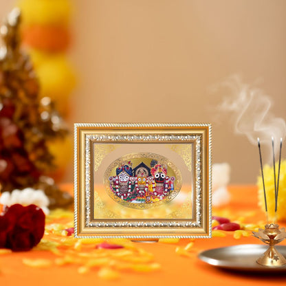 Lord Jagannath Balabhadra Subhadra Divine Puri Trinity Sacred Royal Tabletop Frame in 24K Gold Plated Foil