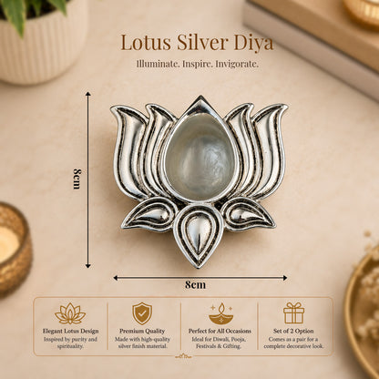 Diviniti 999 Silver Plated Lotus Diya Set of 2 with Luxury Gift Box | Antique Finish Home & Festive Décor