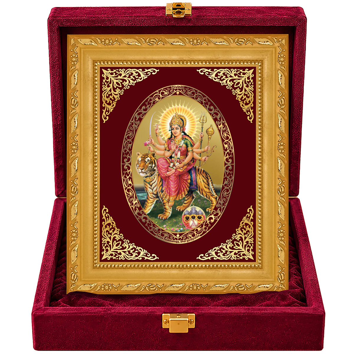 24K Gold-Plated Sherawali Mata with Pind Frame | Premium Gift Box | 21.5x17.5 CM
