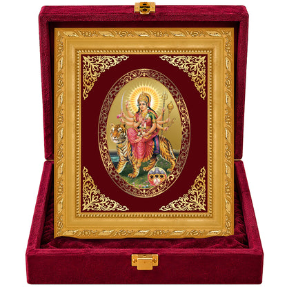 24K Gold-Plated Sherawali Mata with Pind Frame | Premium Gift Box | 21.5x17.5 CM