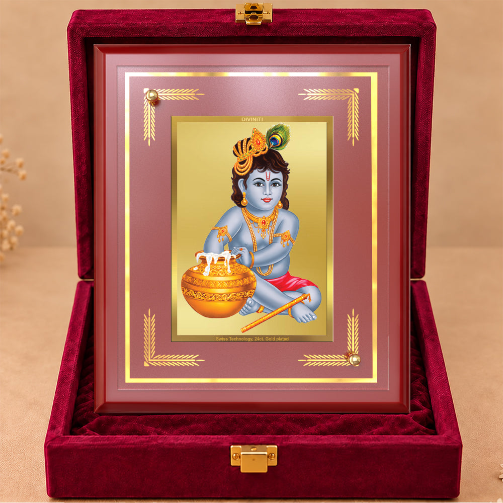 24K Gold-Plated Krishna Bal Gopal MDF Frame | Premium Gift Box | 22 X 18 CM