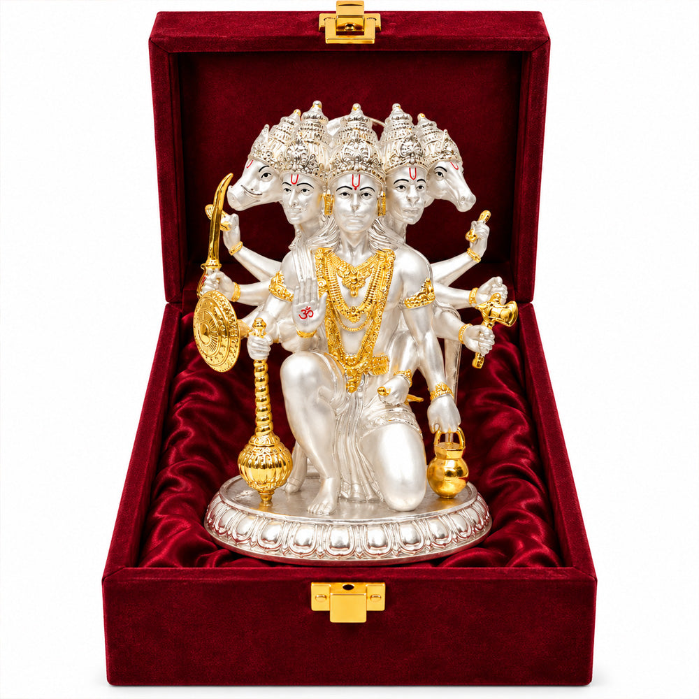 999 Silver-Plated Dual-Tone Panchmukhi Hanuman Idol | Premium Gift Box | 17.5x12 CM