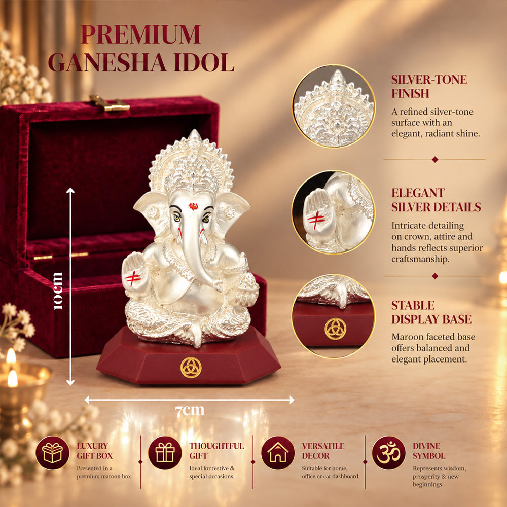 DIVINITI 999 Silver-Plated Ganesha Idol | Car & Home Decor | Gift Box | 10x7 CM