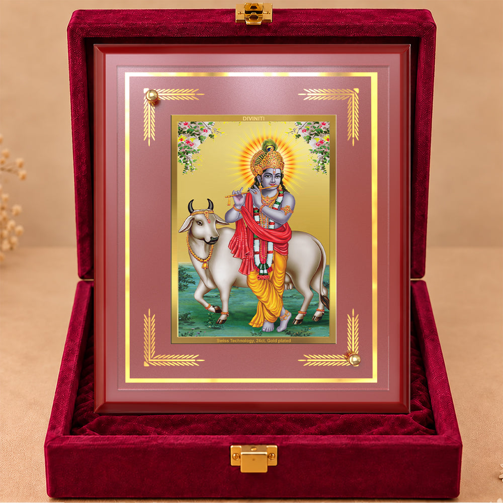 24K Gold-Plated Krishna with Cow MDF Frame | Premium Gift Box | 22 X 18 CM