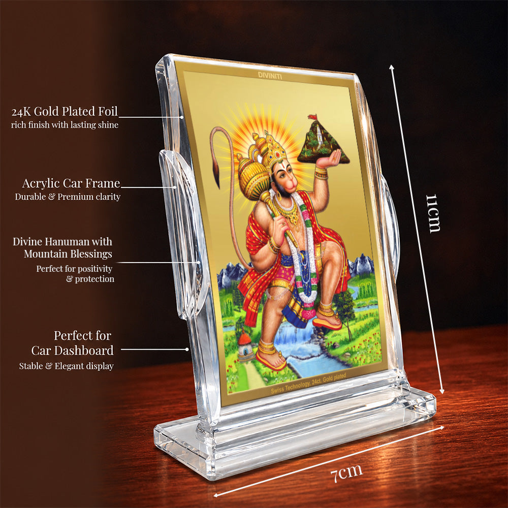 24K Gold-Plated Hanuman Carrying Sanjeevani Mountain Acrylic Car Dashboard Frame | 11x7 CM