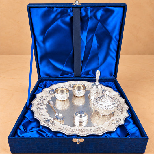 Silver-Plated Pooja Thali Set with Accessories | Premium Gift Box | 30 CM