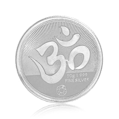 DIVINITI Pure Silver Coin Laxmi Ganesh & Swastik Symbol of Prosperity and Blessings for Home & Office Décor, Puja Room Diwali Gift (50g)