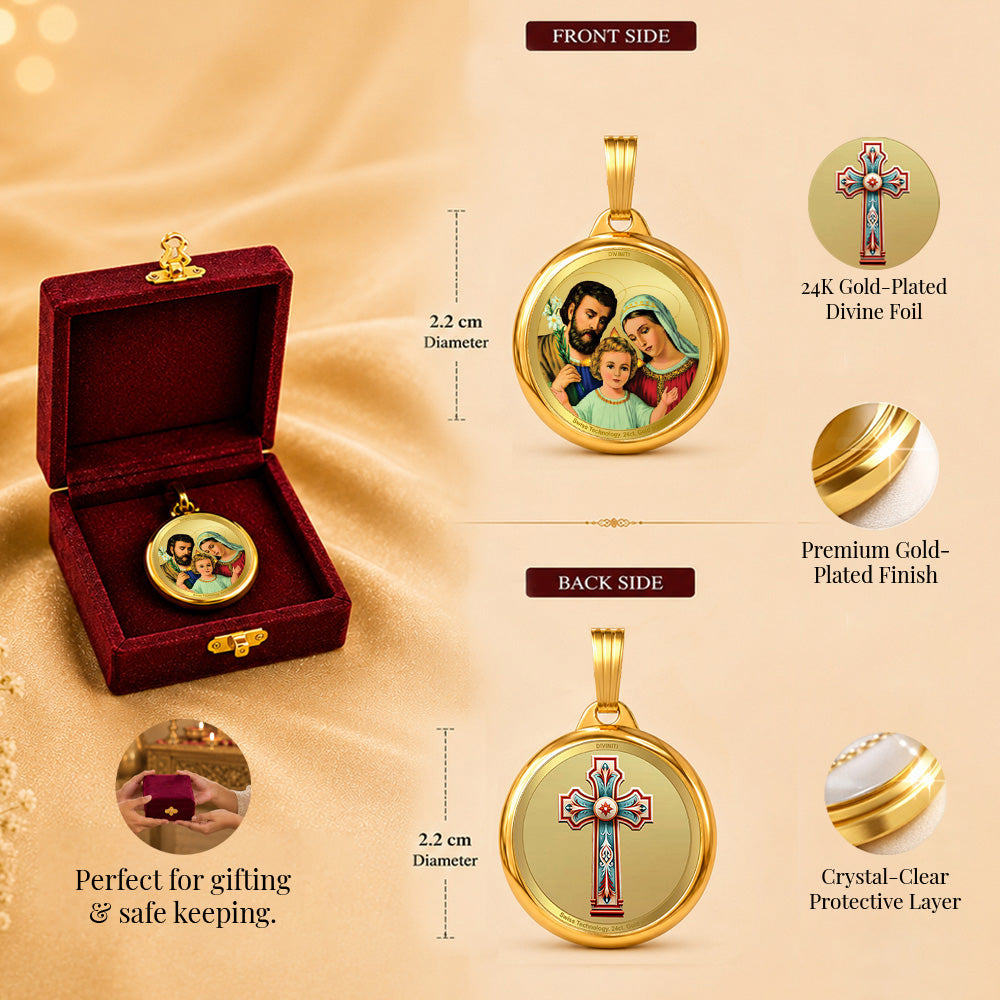 Diviniti 24K Double sided Gold Plated Pendant Holy Family & Holy Cross | 22MM Flip Coin