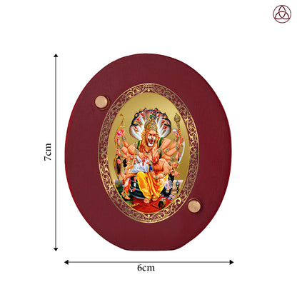 Lord Narasimha Car Dashboard & Tabletop Photo Frame, 24K gold-plated, 7x6 cm, intricate design.