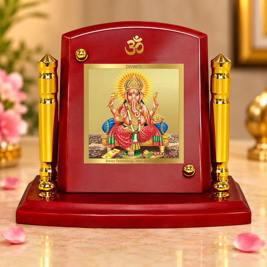 24K Gold-Plated Lord Ganesha MDF Car Dashboard Frame | 7.5x9 CM