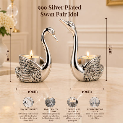 Diviniti 999 Silver Plated Swan Pair Diya Set with Luxury Gift Box | Antique Finish Home Décor