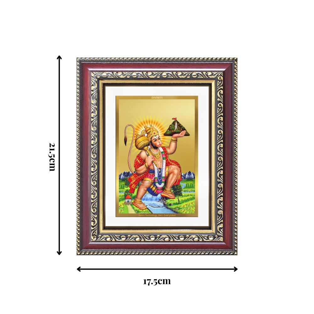 Diviniti 24K Gold Plated Hanuman With Mountain (Classic) Divine Wall and Table Top Frame for Home Mandir & Office Decor | Luxury Spiritual Gift