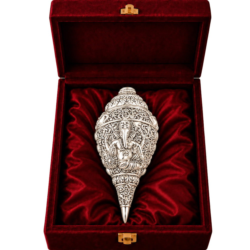 999 Silver-Plated Ganesha Shankh | Premium Gift Box | 12x6 CM
