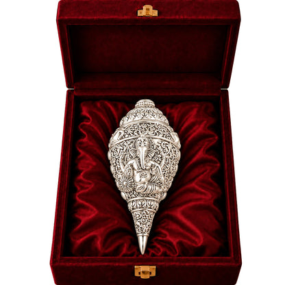 999 Silver-Plated Ganesha Shankh | Premium Gift Box | 12x6 CM