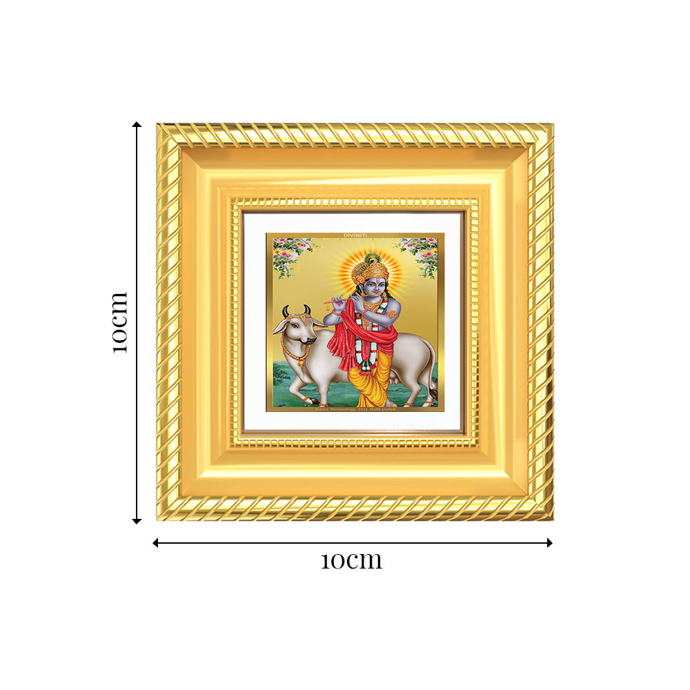 Diviniti Lord Krishna with Surbhi Cow Tabletop Photo Frame in 24K Gold Plated Foil | Love, Compassion & Divine Blessings | DG015S1A (10x10 CM)
