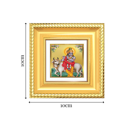 Diviniti Lord Krishna with Surbhi Cow Tabletop Photo Frame in 24K Gold Plated Foil | Love, Compassion & Divine Blessings | DG015S1A (10x10 CM)