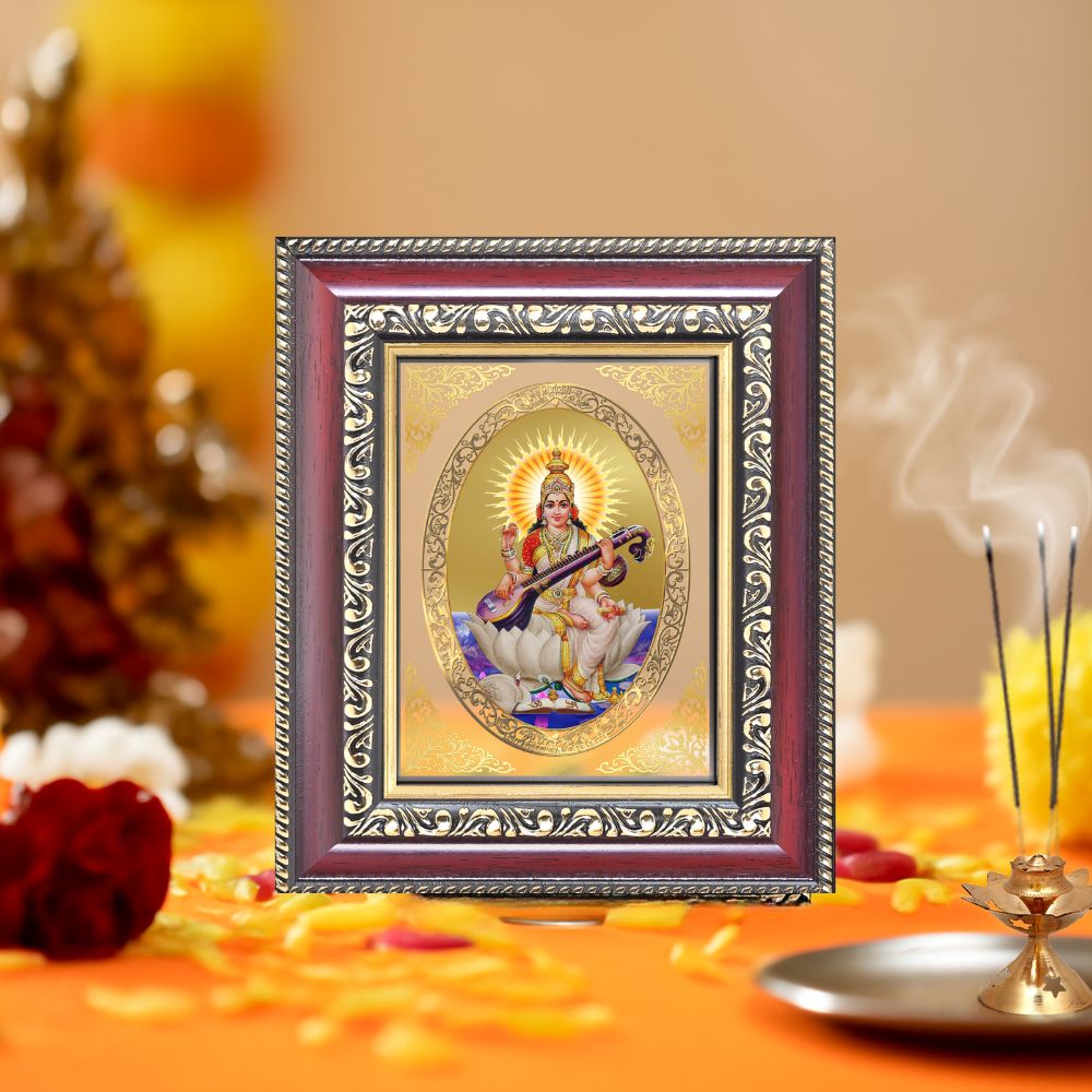 Diviniti 24K Gold Plated Saraswati Mata (ROYAL) Divine Table Top Frame for Home Mandir & Office Decor | Luxury Spiritual Gift