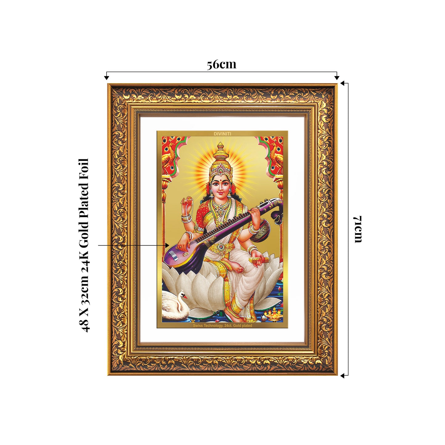 Goddess Saraswati | Divine Mother of Wisdom & Arts Wall Mount Photo Frame in 24K Gold Plated Foil