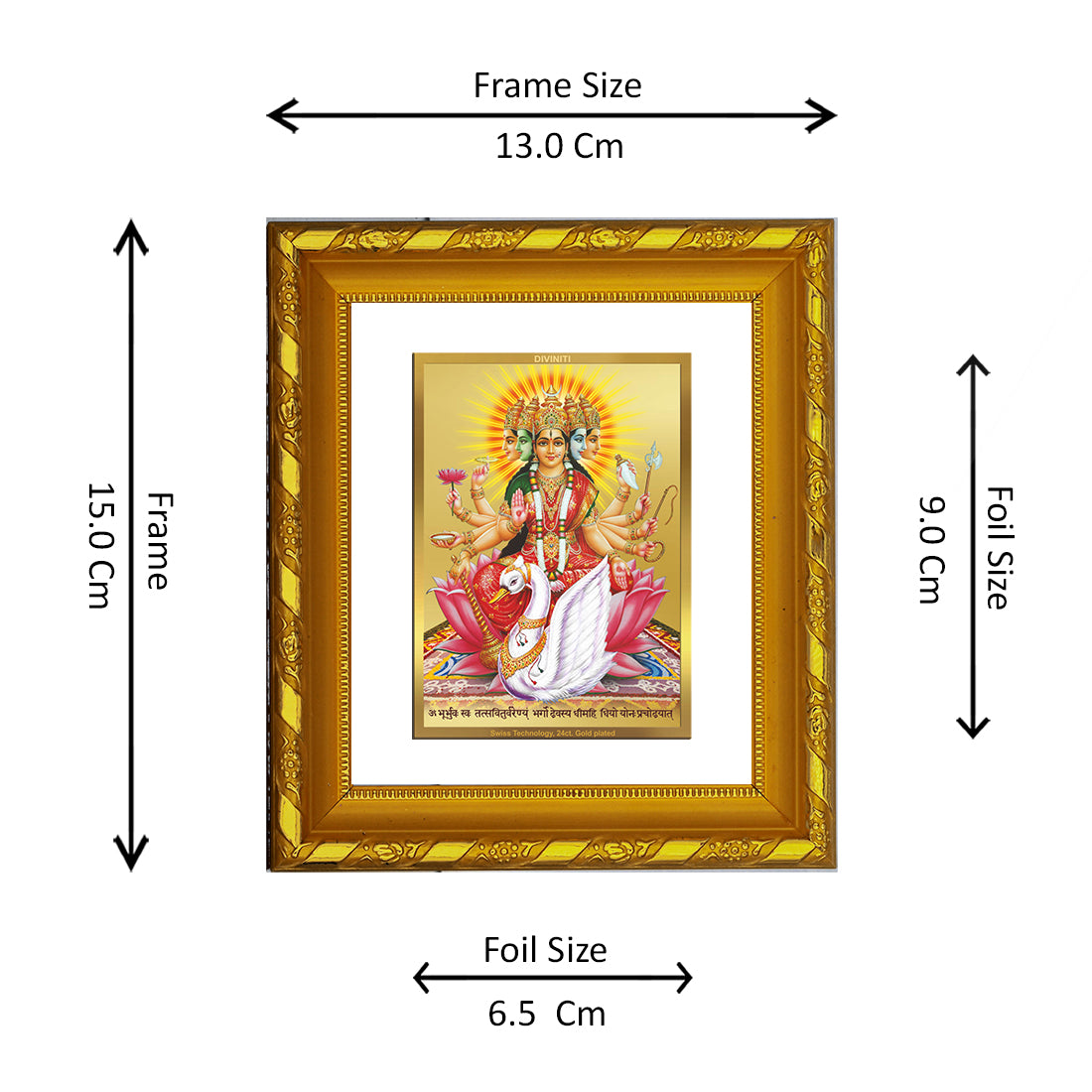 DIVINITI 24K Gold Plated Foil Gayatri Mata Wall Photo Frame For Living Room, Gift, Puja (15.0 X 13.0 CM)