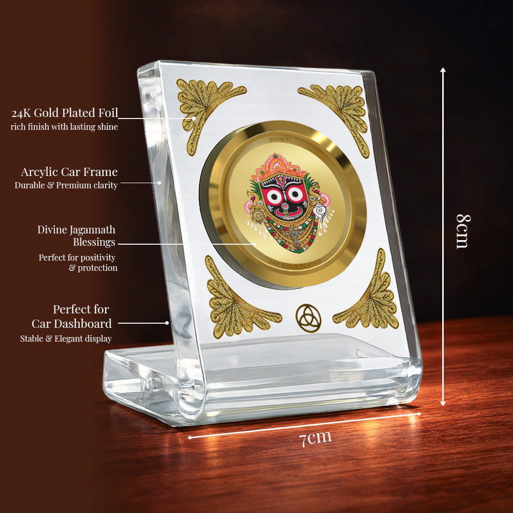 Jagannath Diviniti Premium Gold on Gold Car Dashboard Frame with 24K gold plated foil in a crystal clear acrylic frame.