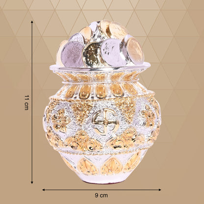 DIVINITI Auspicious Coin Kuber Kalash Pooja Lota with Swastik Embossed with Engraved Neck Design, for Pujan Worship Temple Home (11x9 CM)