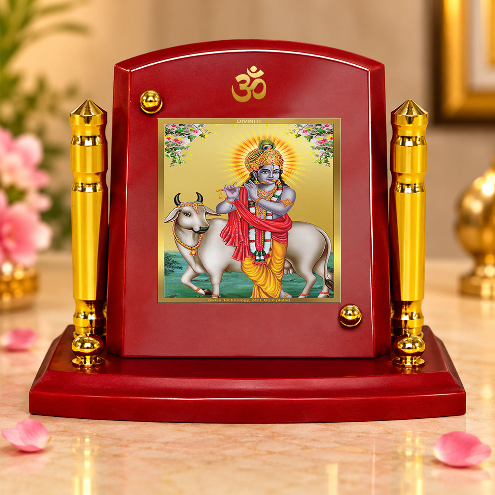 24K Gold-Plated Krishna with Surbhi Cow MDF Car Dashboard Frame | 7.5x9 CM