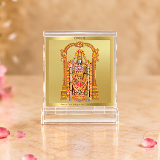 24K Gold-Plated Lord Tirupati Balaji Acrylic Car Dashboard Frame | 6x5 CM