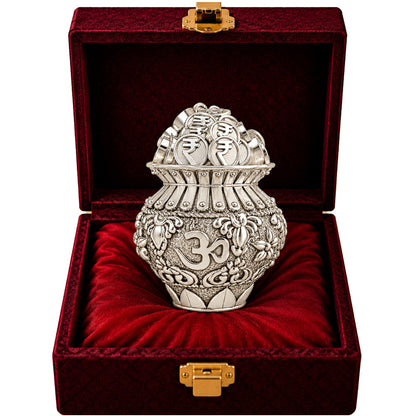 999 Silver-Plated Om Coin Kalash | Premium Gift Box | 9x5 CM