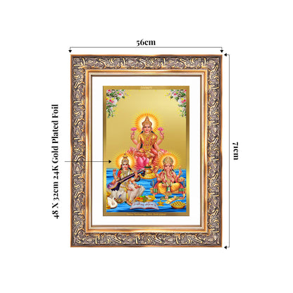 Goddess Lakshmi, Saraswati & Lord Ganesha | Divine Trio Wall Mount Photo Frame in 24K Gold Plated Foil