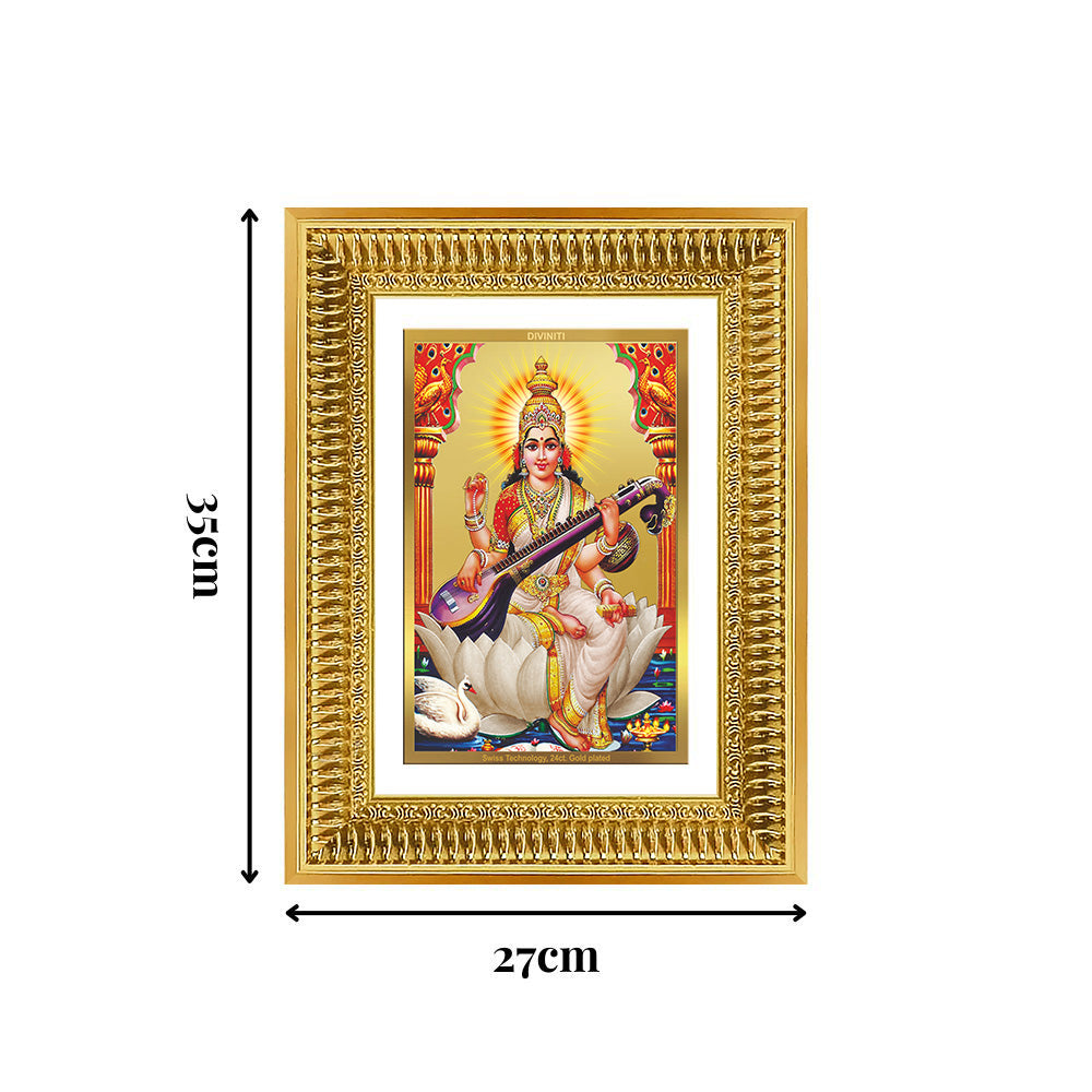 Diviniti 24K Gold Plated Saraswati Mata (Classic) Divine Wall Frame for Home Mandir & Office Decor | Luxury Spiritual Gift