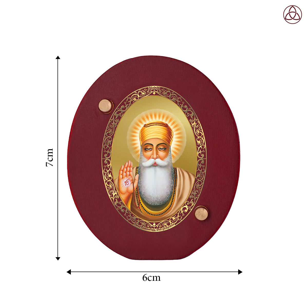 Guru Nanak Dev Ji Car Dashboard & Tabletop Photo Frame, 24K gold-plated, 7x6 cm, intricate design.