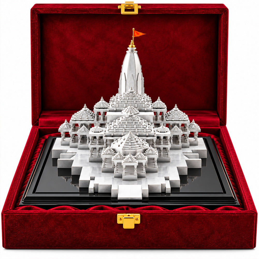 999 Silver-Plated Ram Mandir Showpiece | Premium Gift Box | 7x14 CM