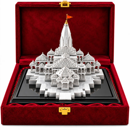 999 Silver-Plated Ram Mandir Showpiece | Premium Gift Box | 7x14 CM