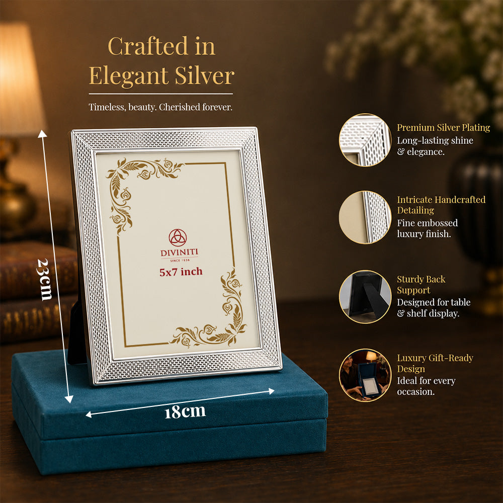 Diviniti Silver-Plated Decorative Photo Frame | Elegant Textured Tabletop Frame | 15 x 20 cm
