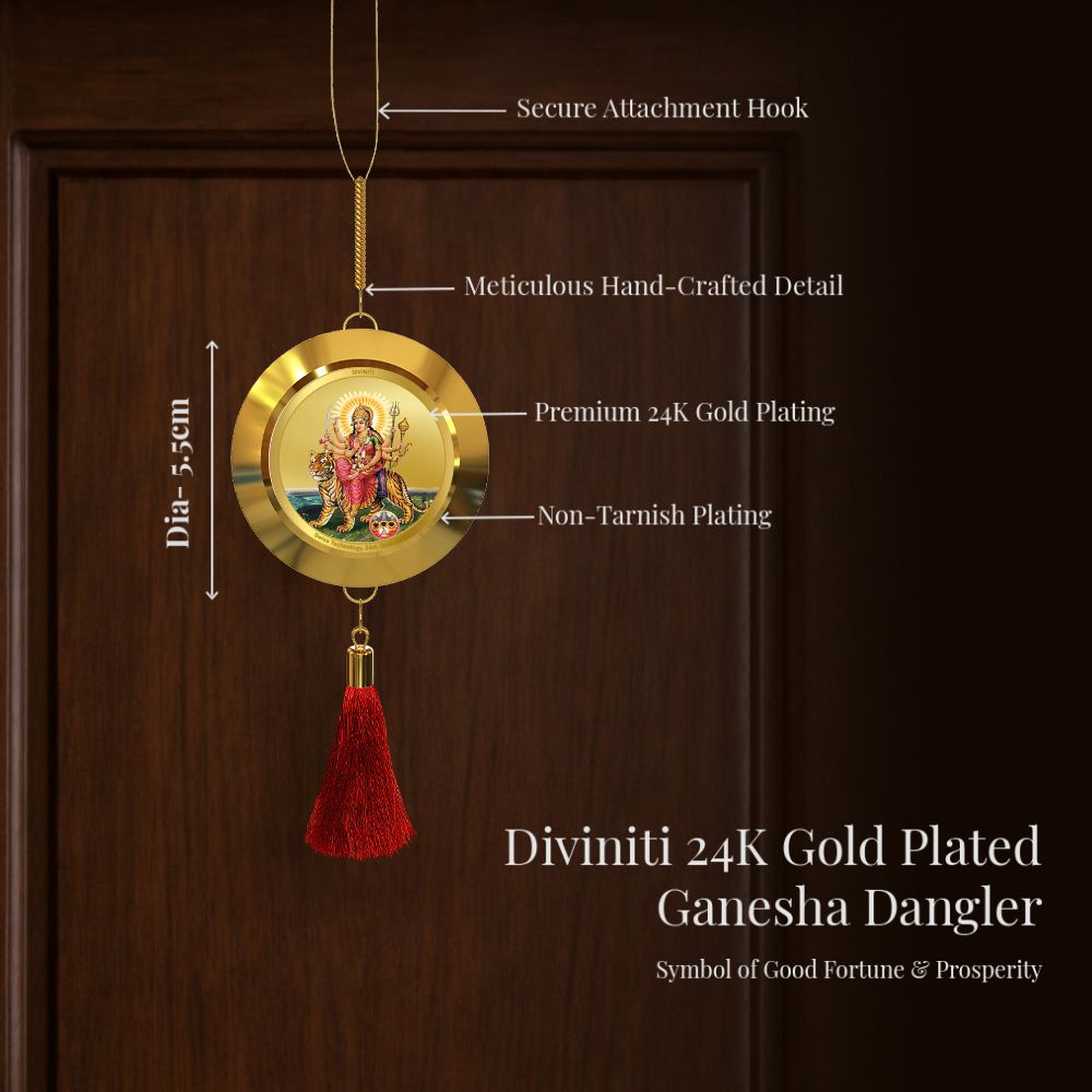 Diviniti 24K Gold Plated Double-Sided Durga & Mata Ka Darbar Car Dangler (5.5 cm) | Divine Hanging Car Decor for Protection, Positive Energy & Spiritual Blessings