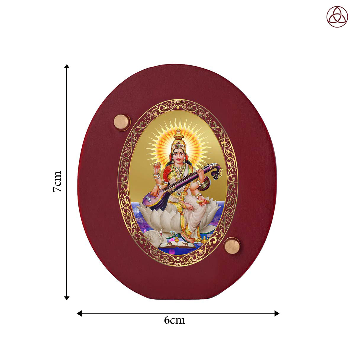 Goddess Saraswati Mata Car Dashboard & Tabletop Photo Frame, 24K gold-plated, 7x6 cm, intricate design.