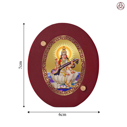 Goddess Saraswati Mata Car Dashboard & Tabletop Photo Frame, 24K gold-plated, 7x6 cm, intricate design.