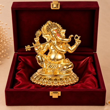 24K Gold-Plated Bansuri Ganesha Idol | Premium Gift Box | 16x14 CM