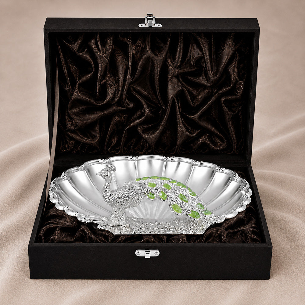 Diviniti Green Peacock German Silver Dry Fruit Bowl with Gift Box featuring intricate peacock design and green accents.