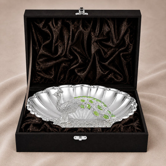 Diviniti Green Peacock German Silver Dry Fruit Bowl with Gift Box featuring intricate peacock design and green accents.