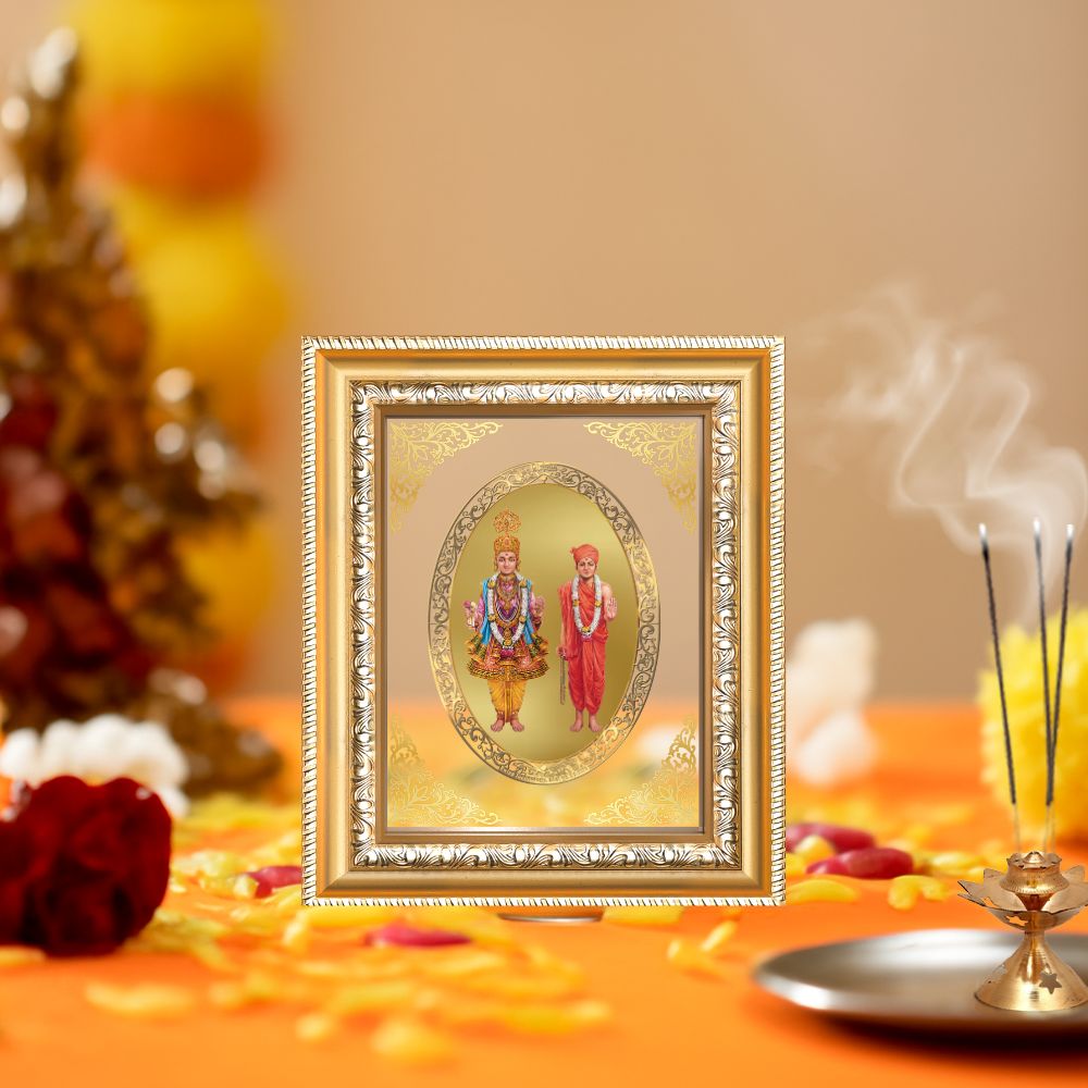 Swaminarayan Bhagwan Divine Discipline & Devotion Sacred Royal Tabletop Frame in 24K Gold Plated Foil