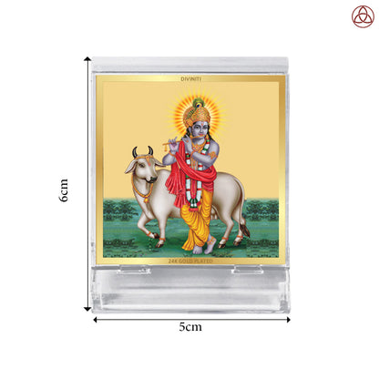 Krishna with Surbhi Cow | Divine Lord Krishna Car Dashboard & Tabletop Photo Frame in 24K Gold Plated Foil