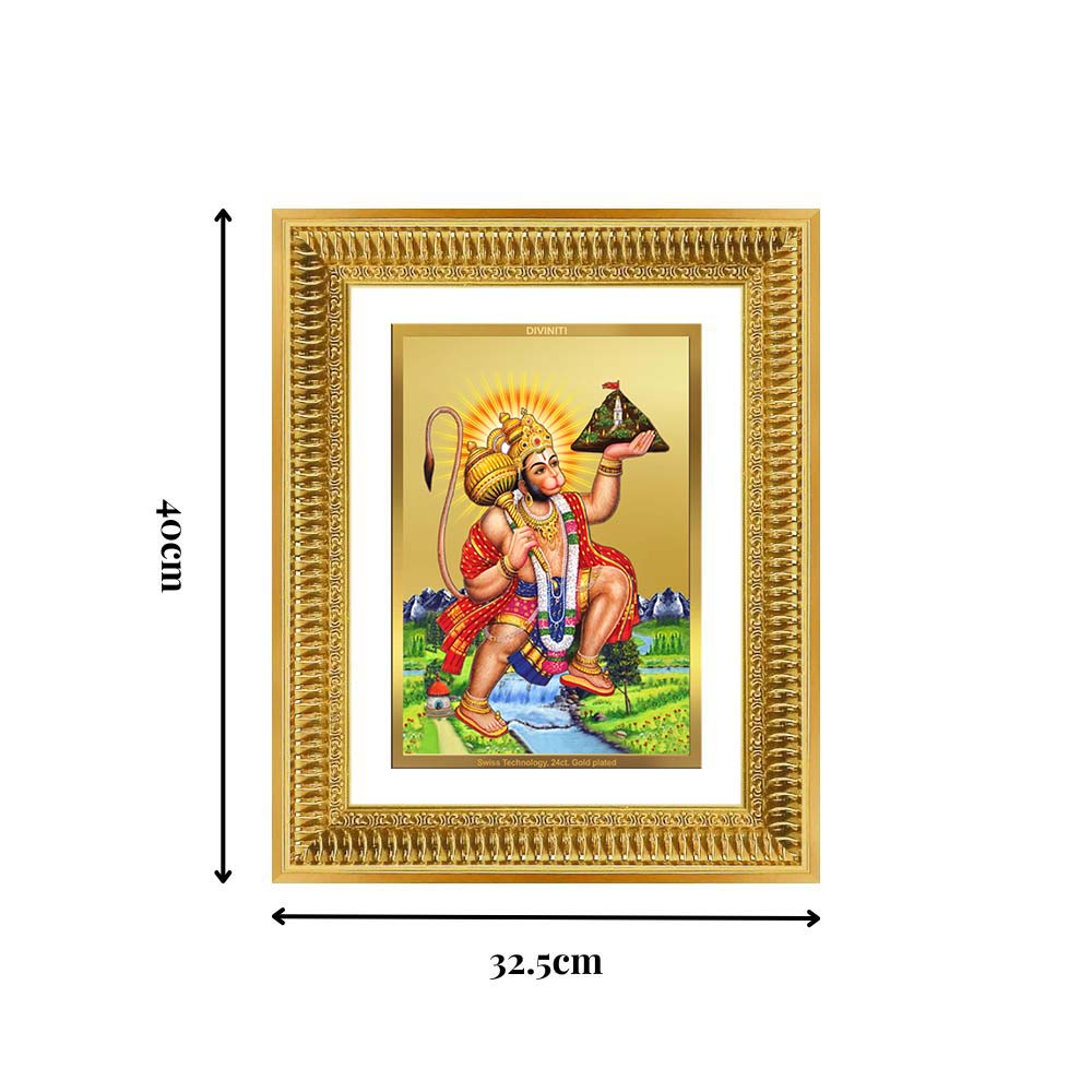 Diviniti 24K Gold Plated Hanuman With Mountain (Classic) Divine Wall Frame for Home Mandir & Office Decor | Luxury Spiritual Gift
