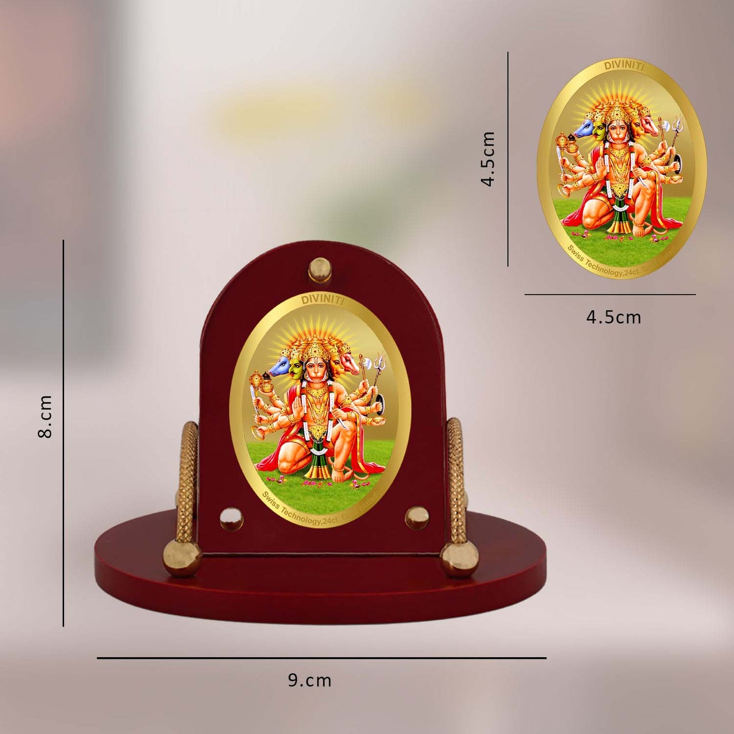 Diviniti 24K Gold Plated Foil Panchmukhi Hanuman Frame for Car Dashboard, Home Decor, Table & Office (8 CM x 9 CM)