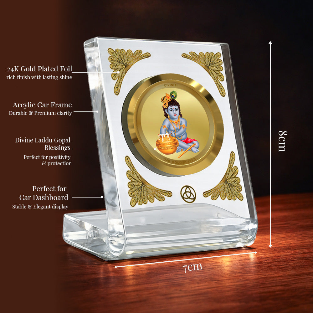 Bal Gopal Diviniti Premium Gold on Gold Car Dashboard Frame with 24K gold plated foil in a crystal clear acrylic frame.