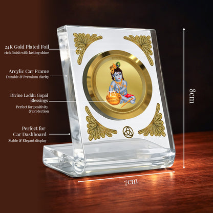 Bal Gopal Diviniti Premium Gold on Gold Car Dashboard Frame with 24K gold plated foil in a crystal clear acrylic frame.